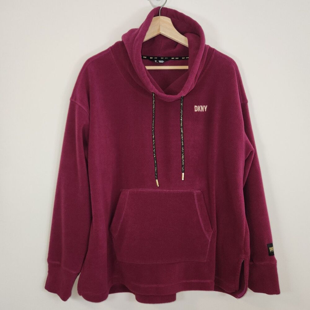 DKNY Sport Women's Wine Metallic Logo Cowl Neck Fleece Sweatshirt MEDIUM